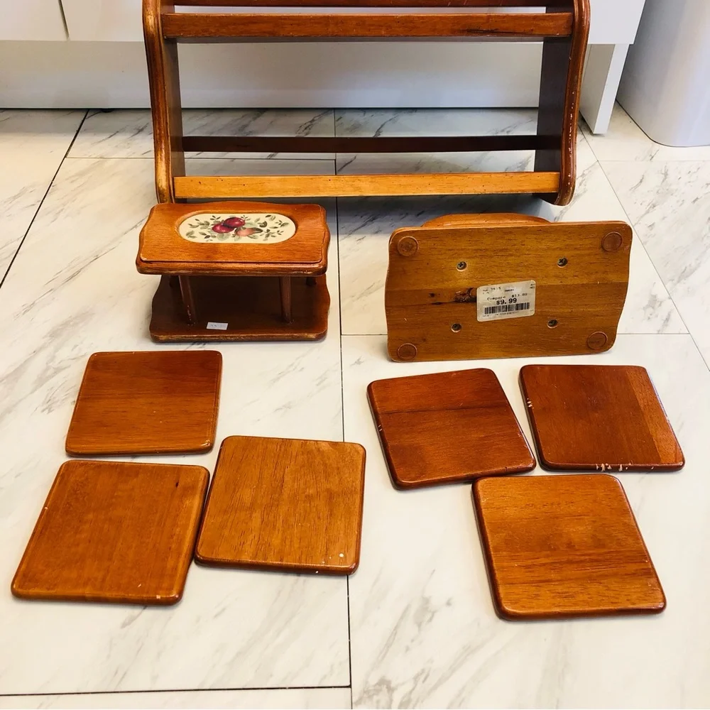 VTG Wood Countertop Trinket Shelf Spice Rack Napkin Coaster Holders Set Cottage